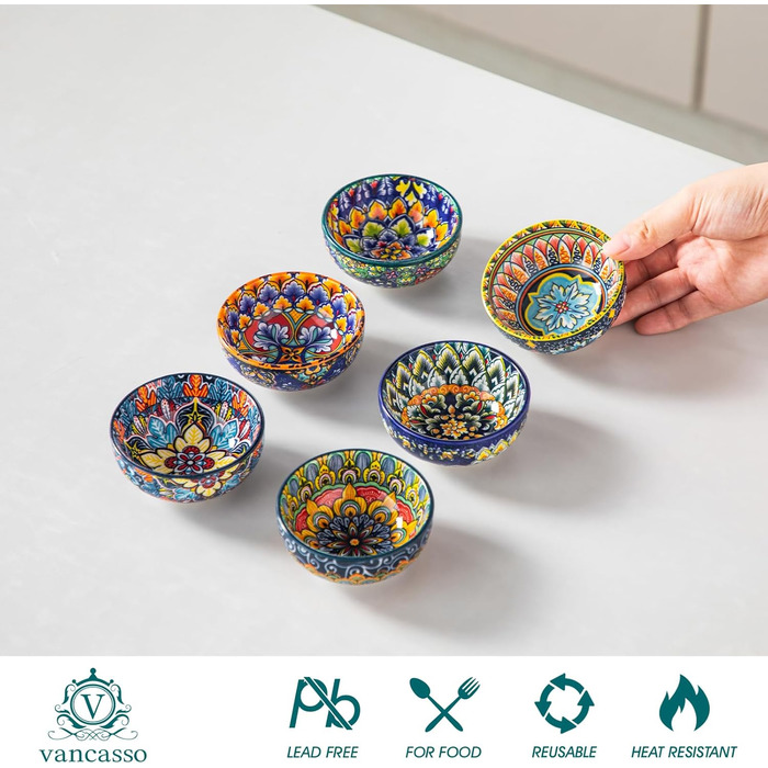 Набір кавових чашок Vancasso SIMI 6 шт. з блюдцями, 240 мл - кавові чашки з кольорового фарфору, посуд для 6 осіб, сумісні з мікрохвильовою піччю, богемський стиль