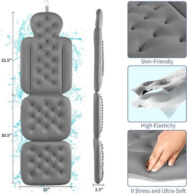 Подушка для ванни Ganzkörper з 160 присосками, 129.5 x 40.6 см (темно-сіра). Підтримка голови та шиї, з мішком для білизни.