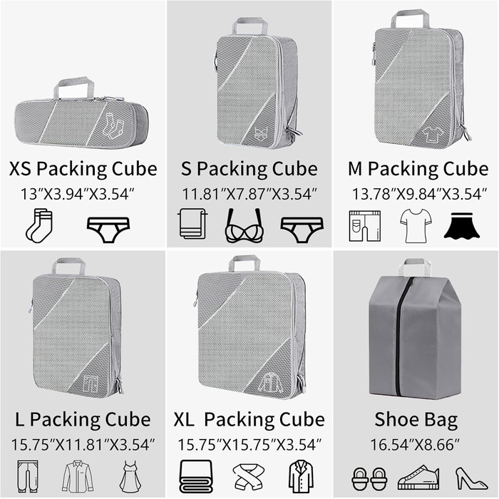Органайзер для валізи, набір 6 шт. Компресійні куби для пакування, органайзер для подорожей, сірий