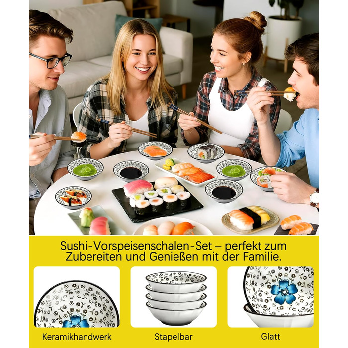 Набір для суші на 4 особи, 12 шт. з кераміки, круглий, з візерунком квітки сливи. Ідеальний подарунок на свята.