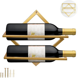 2pcs Metal Wall Mounted Wine Holder Stemware Glass Rack, Foldable Wall Hanging Red Wine Shelf Organizer with 3 Stem Glass Holders, Black Wine Bottle Hanger for Home Kitchen Bar Wall Decor (Gold A)