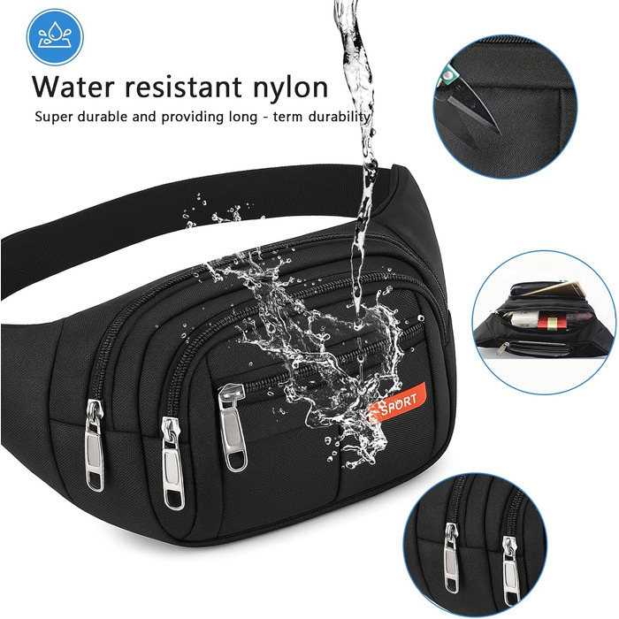 Гребельна сумка GraceTop для спорту та активного відпочинку. Чорна сумка на пояс з 4 кишенями на блискавці та регульованим ремінцем. Підходить для бігу, їзди на велосипеді, походів та кемпінгу. Водонепроникна.