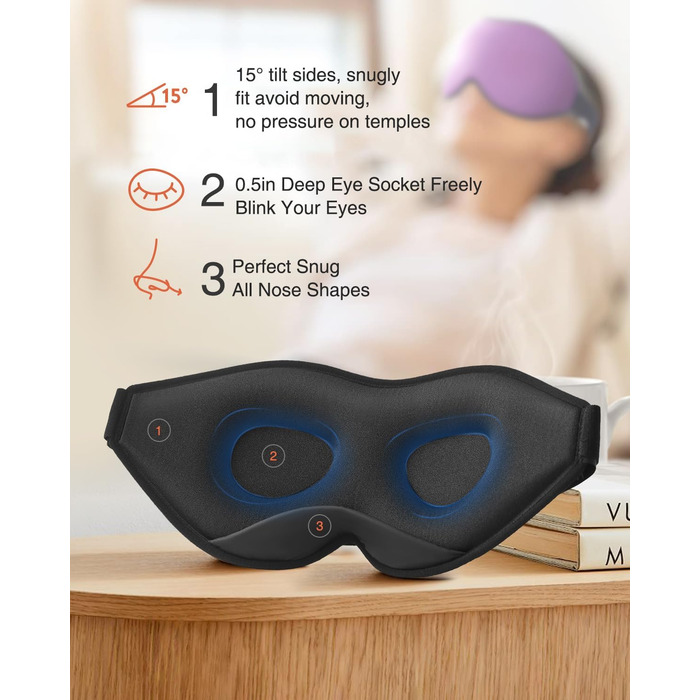 Маска для сну MABAO для тих, хто спить на боці, 3D-контурна, без тиску на очі, блокує 100% світла, з регульованим ремінцем, темно-фіолетова