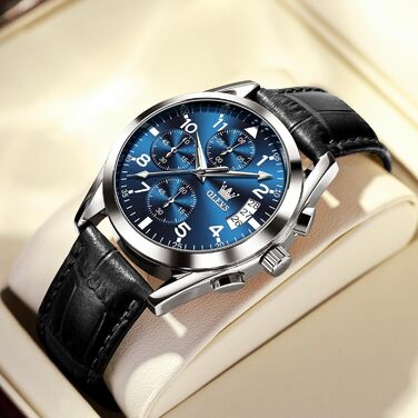 Годинник чоловічий OLEVS Vintage з шкіряним ремінцем, велике циферблат, водостійкий, з датою (2878, блакитний циферблат/чорний ремінець)