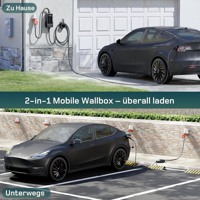 Зарядна станція для електромобілів Dé 11 кВт (3 фази, 6-16A) з регульованою потужністю, кабель CEE 16A - Type 2, сумісна з Model Y/3, ID.3/4/5, MG4, EX30, e-up, e-tron та BEV/PHEV, комплект 7м