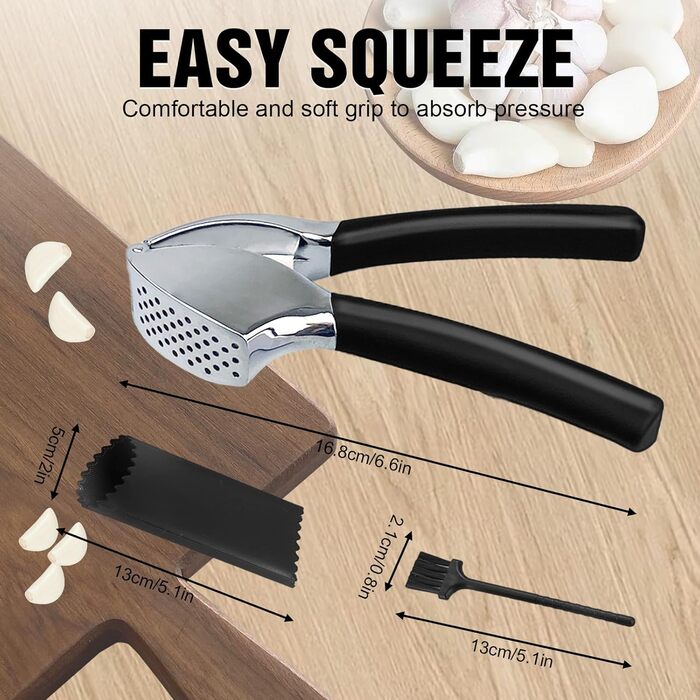 Прес для часнику з нержавіючої сталі - багатофункціональний прес для часнику з силіконовим очищувачем та щіткою для чищення. Прес для часнику, придатний для миття в посудомийній машині. Чорний + срібний