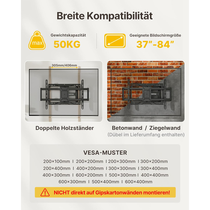 Кріплення для телевізора monTEK Full Motion з регулюванням, 37-84 дюйми, до 50 кг, VESA 600x400 мм, для дерев'яних підставок