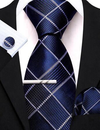 Чоловіча краватка Barry.Wang з кишеньковим хустинкою та запонками, набір в клітинку, блакитна для весілля та урочистих заходів