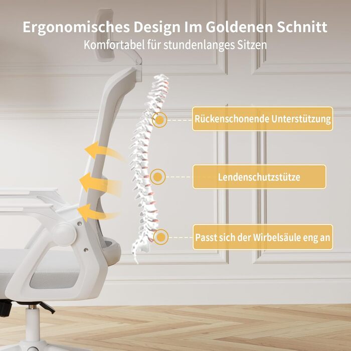 Офісний крісло Naspiro Ergonomic, регульована висота, поворотне, з дихаючою спинкою з сітки, відкидні підлокітники на 90°, підтримка попереку, щільна піна, для дому/офісу (Сірий-1, з підголовником)