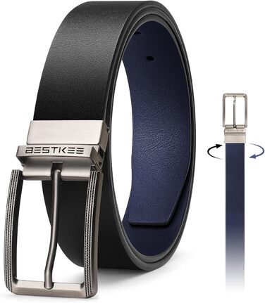 Чоловічий шкіряний ремінь BESTKEE 35 мм – універсальний, для джинсів, штанів, гольф-одягу. Довжина 47 дюймів (для талії 40-45 дюймів), чорний/синій. Також доступні: довжина 59 дюймів (для талії 52-57 дюймів)