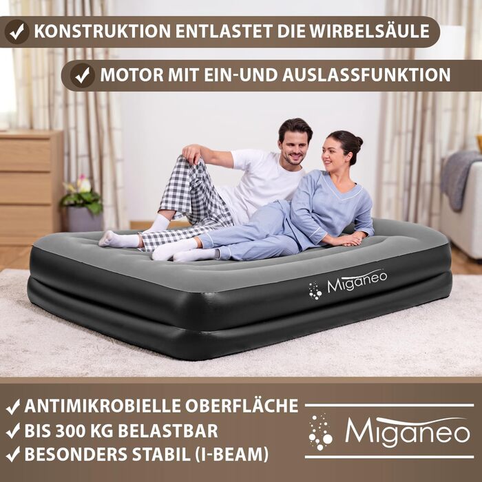 Надувне ліжко Miganeo Premium XL з електропомпою та антимікробним покриттям (203x152x46 см) | Макс. 300 кг