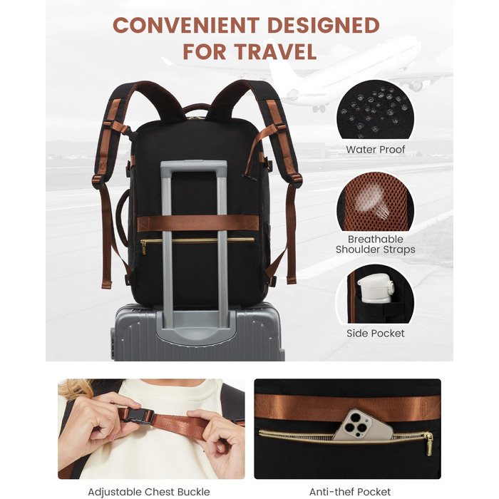 LOVEVOOK Рюкзак ручної поклажі 40L, жіночий водонепроникний рюкзак для подорожей з відділенням для взуття, рюкзак для ноутбука (17.3 дюйми) для школи, роботи, подорожей (чорний+каштанового кольору)