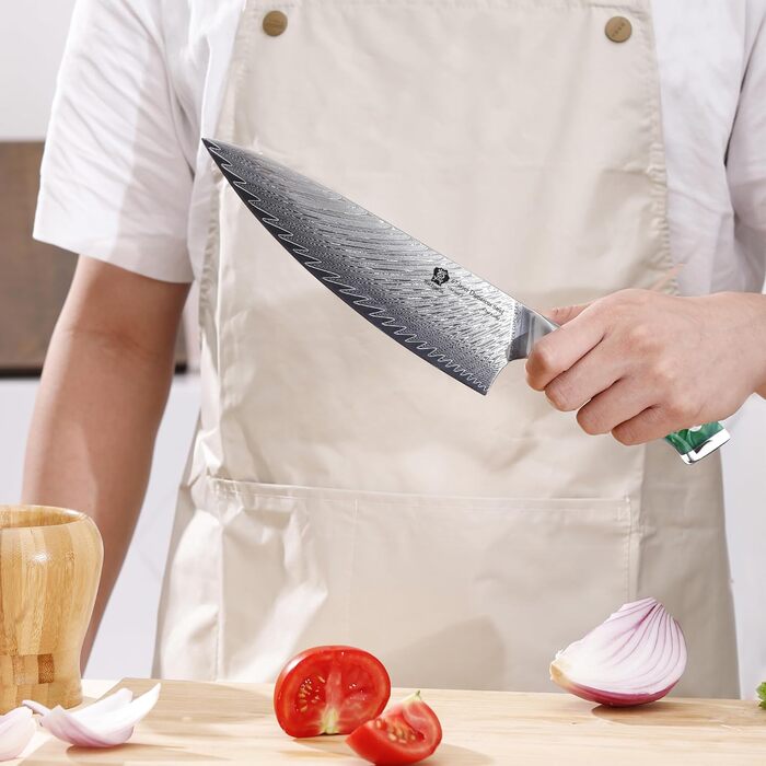 Японський ніж WILDMOK Santoku 20см з дамаської сталі, VG10, ручка з зеленого пластику