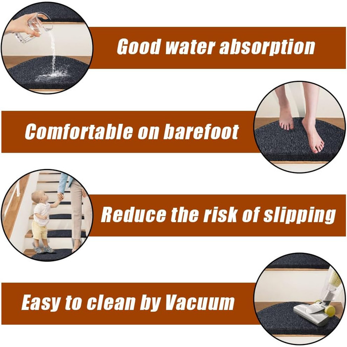 Rina Non-Slip Stair Treads - 22x65 cm - 15 Piece Set - Dark Grey Adhesive Anti-Slip Carpet for Wooden Stairs - Indoor Safety