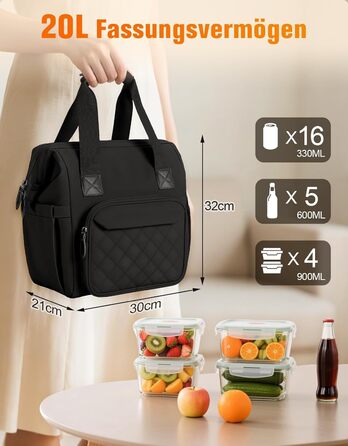 Чохол-холодильник 20 л, чорний: ізольована сумка-ланчбокс з PEVA-підкладкою, водонепроникна, з кількома відділеннями та плечовим ременем – для роботи, школи, авто, пікніка