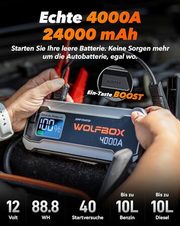 WOLFBOX Powerbank для запуску авто 4000A, 12V, з LED-ліхтарем та великим екраном, для легкових автомобілів, SUV, вантажівок та мотоциклів