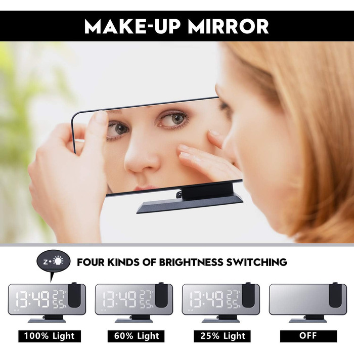 Projection Alarm Clock Digital LED Alarm Clock with Charger, Radio Alarm Clock with USB Charging Port, Dual Alarm Clock, LED Mirror Display, Adjustable Brightness, Temperature and Humidity Display, Black