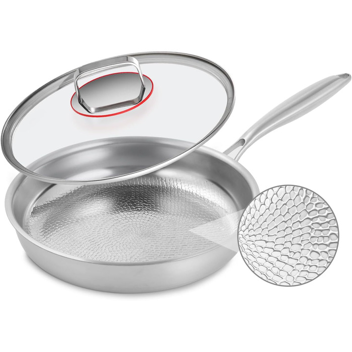 Сковорода з нержавіючої сталі 28 см, антипригарна, з кришкою, 18/10, для індукційних плит, енергоефективна, без PTFE та PFOA