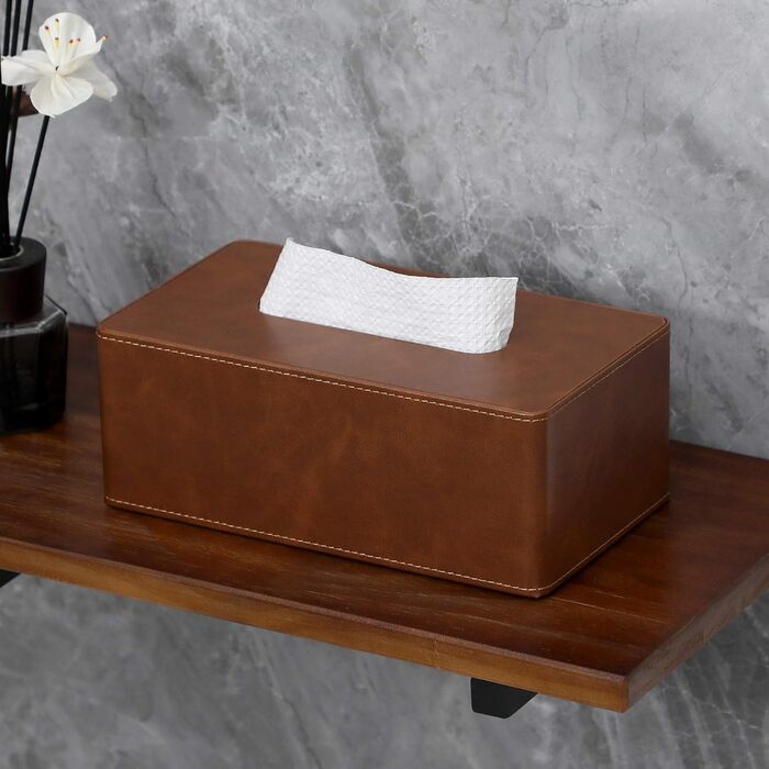 GOLRANLYE Cosmetic Tissue Box, 25×13.5×9.5 cm PU Leather Modern Tissue Box Rectangular for Bathroom Bedroom Dining Room Office and More (Brown)