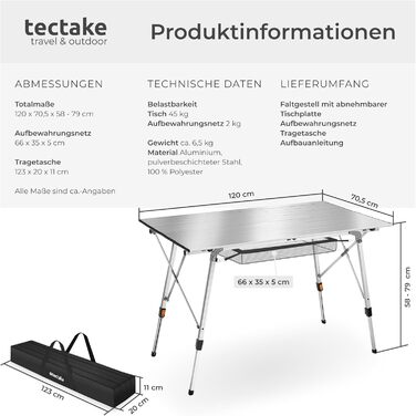 Стіл для кемпінгу Tectake®: розкладний, алюміній, XXL, водостійкий, регульована висота, 120 x 70,5 см