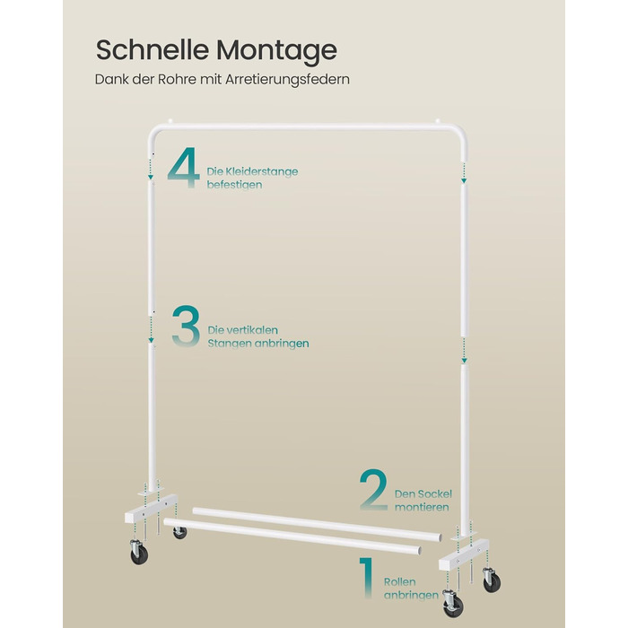 SONGMICS Кільцева вешалка для одягу на колесах, біла, до 50 кг, 38 x 110 x 141,5 см, HSR016BH01