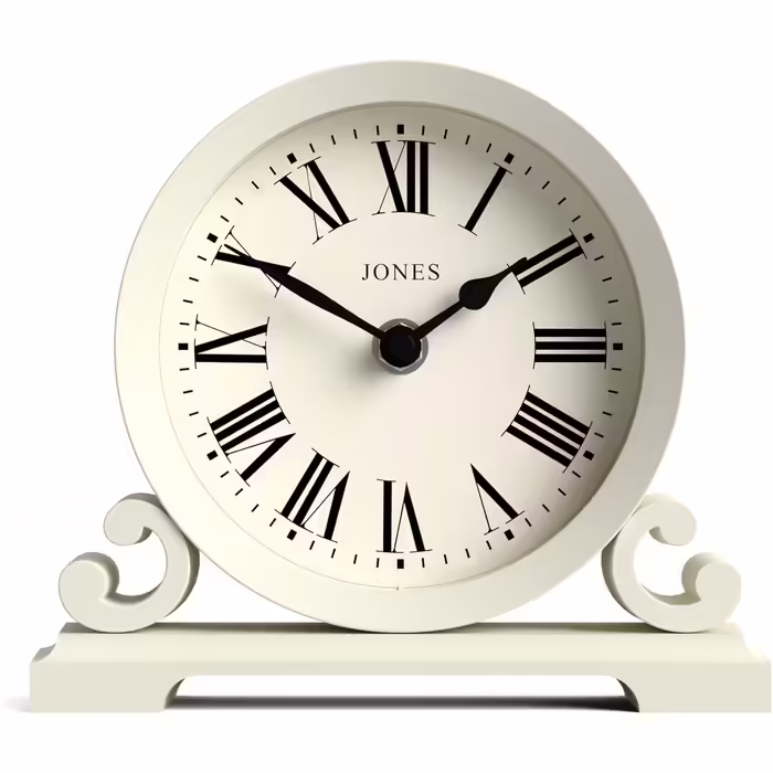 JONES CLOCKS® Saloon Table Clock | Traditional Double-Scroll Design | | Roman Numerals | Classic style for desk, table, shelf or bedside table. (White)