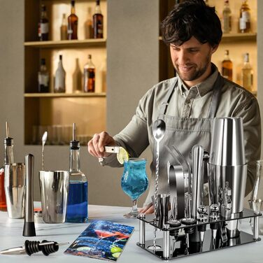 Набір для коктейлів, 18 предметів, з нержавіючої сталі: шейкер, стійка, рецепти. Професійний набір для вечірок