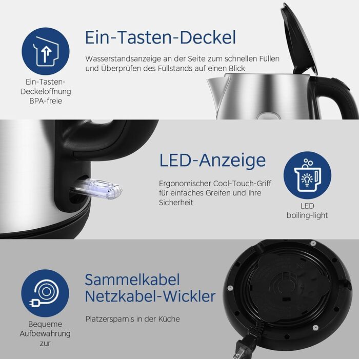 Midea 1.7L Stainless Steel Electric Kettle - Fast Boil, LED Display, 360° Base, BPA-Free