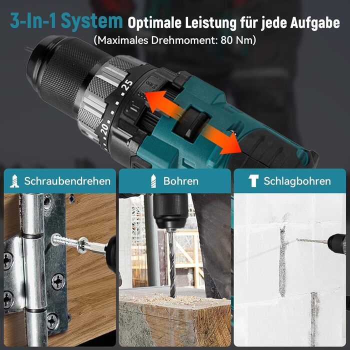 Yofidra Акумуляторний шуруповерт 21V, 13 мм, 2 швидкості, комплект з 2 акумуляторами 3.0Ah, 25+3 рівня моменту, 80 Нм, LED-підсвічування, для дому та саду, DIY