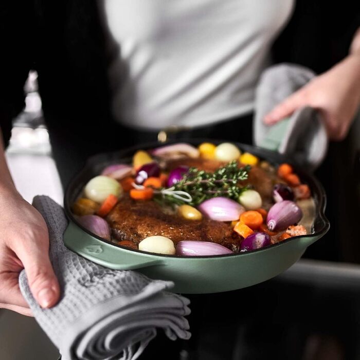 Чавунна гриль-сковорода Springlane 26 см емальована - для стейків, для всіх плит (індукція), м'ятний колір