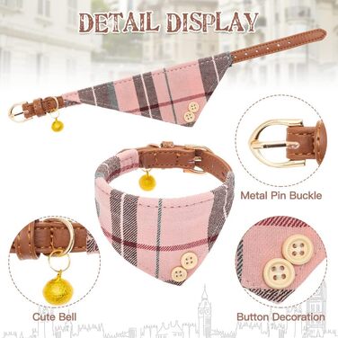 Набір аксесуарів для собак EXPAWLORER: ошийник, повідок та бандана в клітинку. Регульовані, з дзвіночком. Підходить для цуценят та котів, розмір S-M, рожевий.