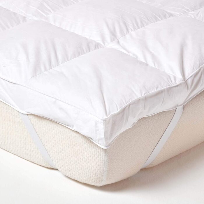 HOMESCAPES Mattress Topper 180 x 200 cm with 100% Goose Down Filling, Natural Mattress Pad with 100% Cotton Cover, Washable Mattress Protector White