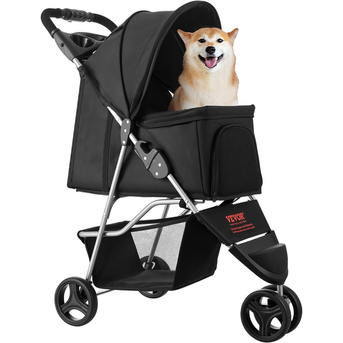 VEVOR 3-Wheel Pet Stroller - Dog & Cat Buggy, 16kg Capacity, Foldable with Cup Holders & Brakes
