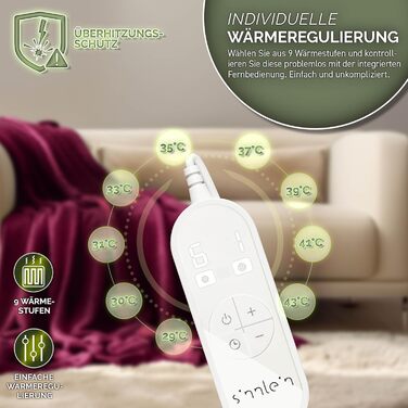 Електрична гріюча ковдра Sinnlein® з плюшу 200x180 см | 9 температурних режимів, таймер, автовимкнення | Зручна ковдра, прання до 40°C, цифровий дисплей, бордовий колір