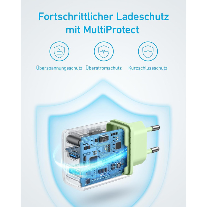 Зарядний пристрій Anker 20W USB-C, адаптер живлення для iPad, швидка зарядка, сумісний з iPhone 17/16/15, кабель USB-C (150 см), зелений