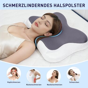 Подушка для шиї Fwoueot з піною з пам'яті, ортопедична, для сну на боці, спині та животі, блакитна