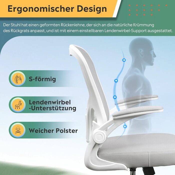 Офісний стіл DEVAISE: ергономічний крісло з регульованою підтримкою попереку та відкидними підлокітниками, регульована висота, білий, до 136 кг, без підголівника