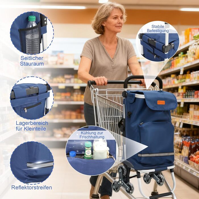 Тролей для покупок Sekey XXL з підйомником для сходів, 3-колісний вагончик для кемпінгу та покупок, регульована ручка, алюміній 3-в-1, з відділенням для їжі та напоїв (Блакитний)