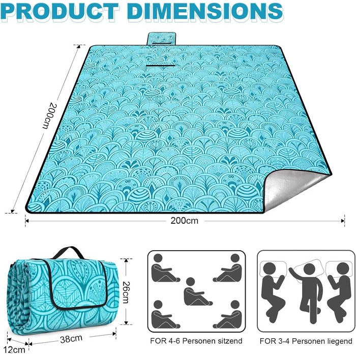 Пікнікова ковдра SOMLAW 200x200 см, водовідштовхувальна, для 4-6 осіб, XXL, з ручкою, ідеальна для кемпінгу та пікніків (блакитна)