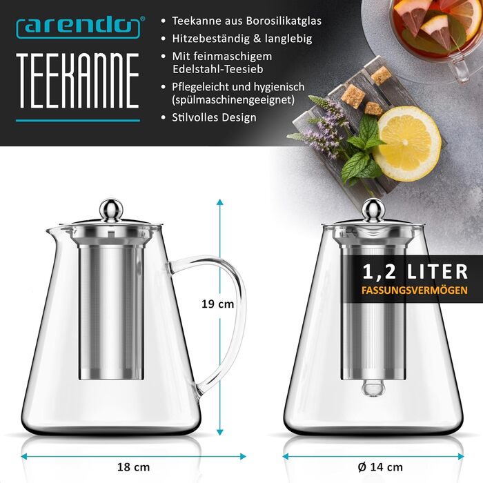 Чайник скляний Arendo з ситом 1200 мл – з боросилікатного скла, нержавіюча сталь, сито дрібного плетіння, термостійкий, для листового чаю, трав'яного чаю, фруктового чаю, чайник-заварник, довговічний