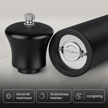 Black Sweden Home® Design Salt and Pepper Grinder Black - 22cm - Ceramic Grinder - Large Spice Grinder - Pepper Salt Grinder Set - Simple in Black & Black - 2 Pieces