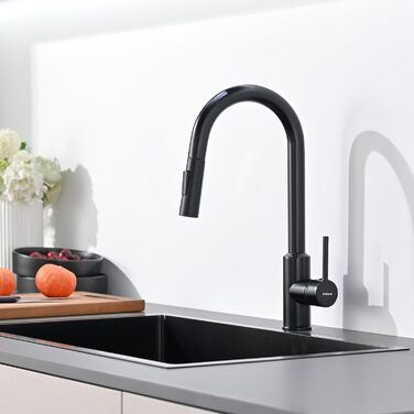 Змішувач кухонний з висувною лійкою та душем, 360° поворот, 2 режими, нержавіюча сталь, чорний