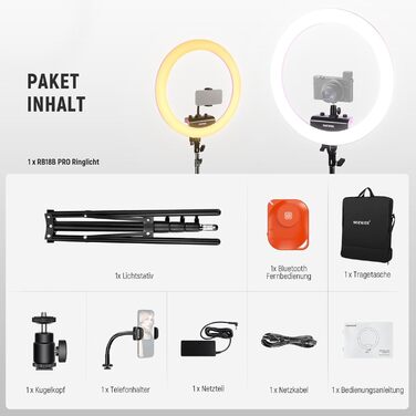 NEEWER Комплект кільцевого світла для фото та відео: 48 см, 52 Вт, регульоване LED світло, штатив, Bluetooth, рожевий (RP18B Pro)