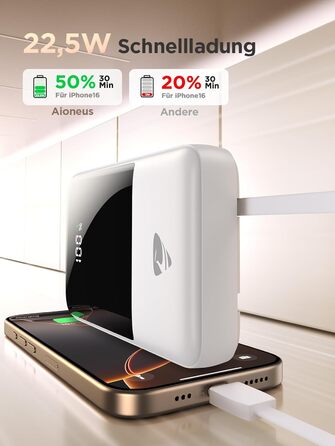 Power Bank 20000mAh з вбудованим кабелем, швидка зарядка 22,5W, USB-C, LED-дисплей, для iPhone 17 16 15 14 13 12 11, білий, 20000mAh