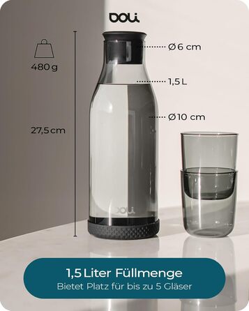 Glass Giraffe with Lid 1.5L Black - Robust & Secure Stand - Water Carafe for Hot & Cold Drinks - Dishwasher Safe - BPA-Free