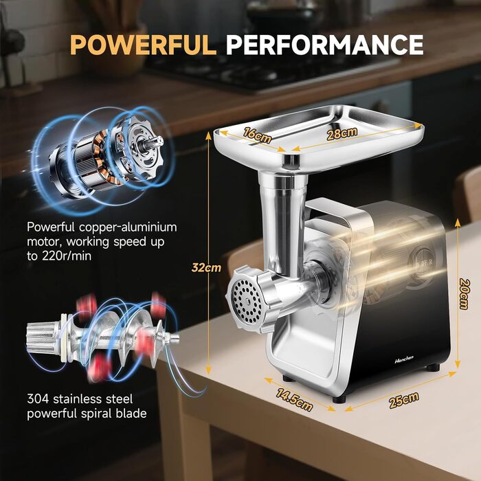 М'ясорубка електрична Hanchen 4-в-1 з насадками для ковбас та печива, 3 диски (3.5/5/7 мм), нержавіюча сталь