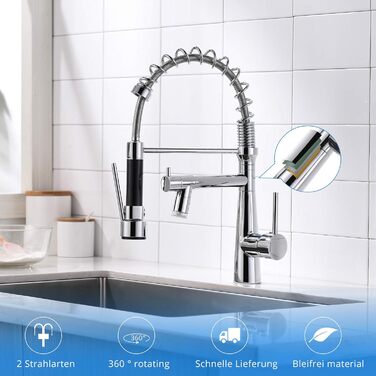 Змішувач кухонний LED Chrome з висувною лійкою, 360° обертання, 2 виходи, високий тиск