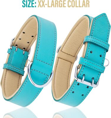 Riparo Genuine Leather Adjustable Dog Collar with Additional Reinforcement (: 4.5CM Wide for 53.4CM - 63.5CM Neck, ) (L, Aqua)