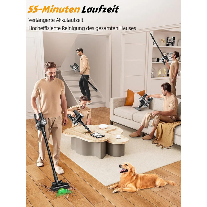 Бездротовий акумуляторний пилосос 48KPa/500W/55хв з LED-дисплеєм та станцією для зарядки, для прибирання шерсті тварин, килимів, твердих поверхонь та авто, чорний