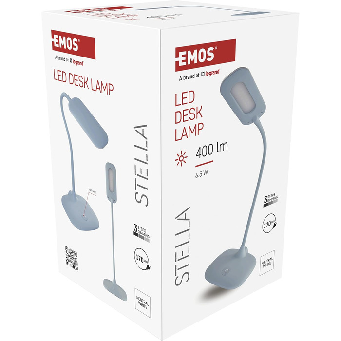 LED настільна лампа EMOS STELLA 6.5W з регулюванням яскравості, 4000K, гнучкий важіль, 1.7м кабель, CRI>80, 30000 год служби, блакитний колір